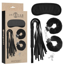 INTENSE - FETISH EROTIKSPIELSET 1 MIT HANDSCHELLEN, BLINDMASKE UND PEITSCHE - ENGEFREUNDE.COM