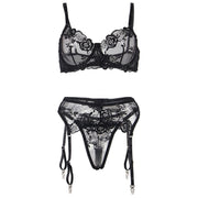 SUBBLIME - 3-TEILIGES SET BH + STRING + STRUMPFBAND BLUMENPRINT SCHWARZ L/XL SUBBLIME SETS