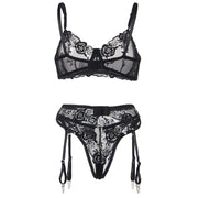 SUBBLIME - 3-TEILIGES SET BH + STRING + STRUMPFBAND BLUMENPRINT SCHWARZ L/XL SUBBLIME SETS
