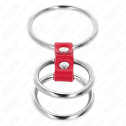 KINK - DREIFACH METALL PENISRING 3,7 CM BIS 5 CM VERBUNDEN MIT ROTEM LEDER KINK RING POWER